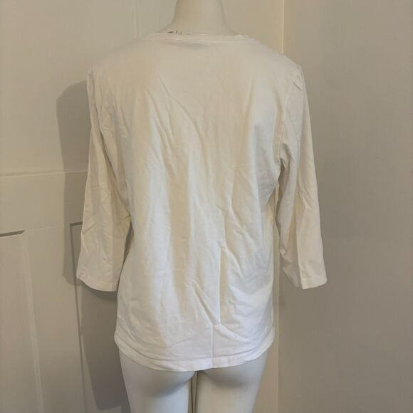 Weekends by Chico's size 2 Medium Beach Scene Graphic Print Quarter Sleeve Top - Picture 2 of 6